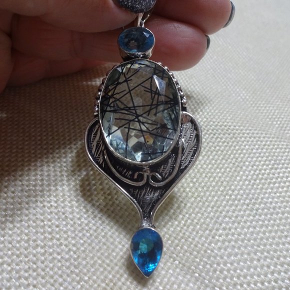 Stunning "TOURMALINE QUARTZ & BLUE TOPAZ" Handmade Sterling Pendant/Chain #452B - Picture 3 of 3